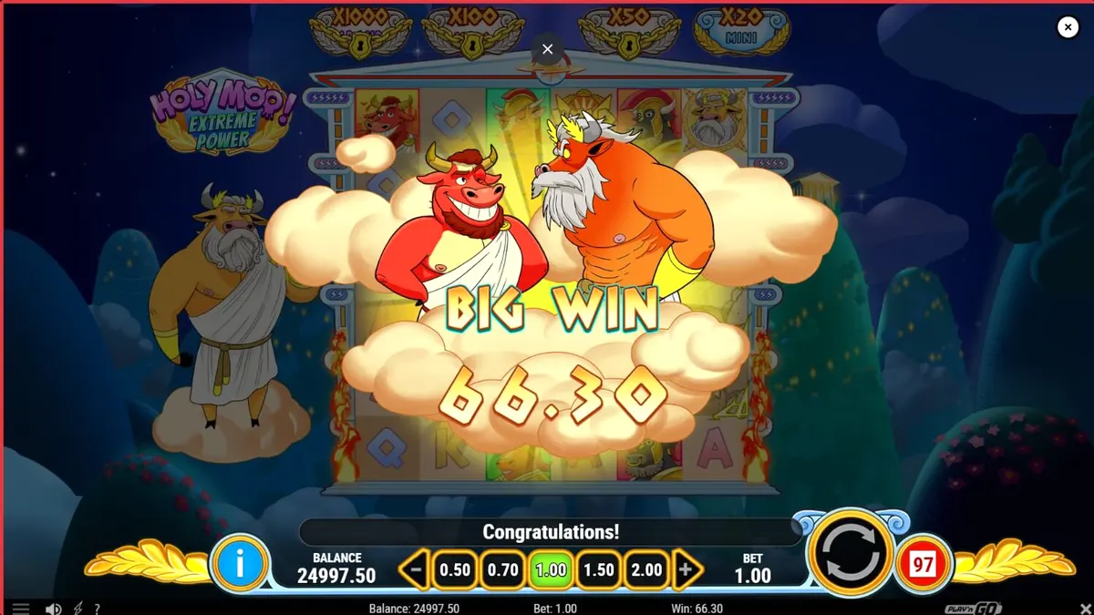 Holy Moo! Extreme Power slot gameplay featuring cartoon cow gods on a 6x6 grid.